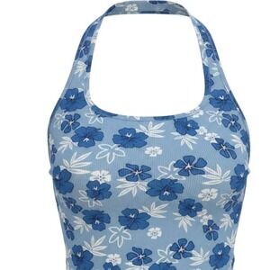 SHEIN Blue Floral Ribbed Halter Crop Top Tropical Hibiscus Print‎ XS US 2